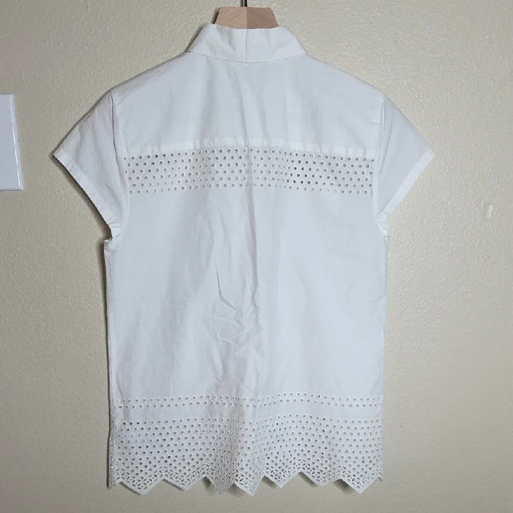 Madewell White Cotton Eyelet Embroidery Camp Shirt Shrunken Fit Scallop Hem XS - Picture 6 of 11